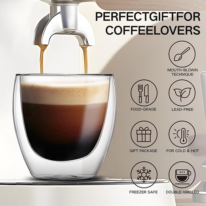 Set of 4 Double Walled Glass Coffee Mugs 8 Ounces Insulated Layer Coffee Cups Borosilicate Glass Espresso Cup for Hot Beverage,Cappuccino,Tea,Latte,Wine,Microwave Safe