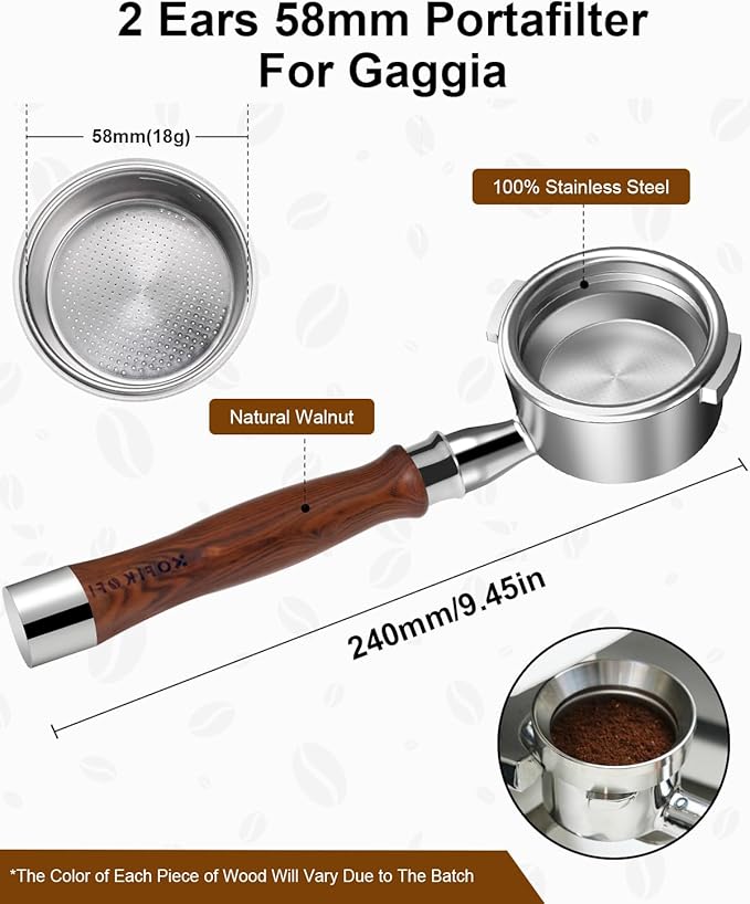 58mm Bottomless Portafilter For Gaggia, 2 Ears Slim Naked Portafilter Fits Gaggia Espresso Coffee Machines with Stainless Steel Head and 18g Filter Basket and Puck Screen - Rosewood Handle