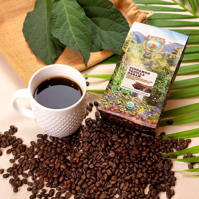 Low Acid Organic Coffee – Whole Bean, Mold-Free & Stomach Friendly by Java Planet, Cinnamon and Vanilla, Medium Dark Roast, Arabica Gourmet Coffee Grade A, Smithsonian Bird Friendly, 1LB Bag