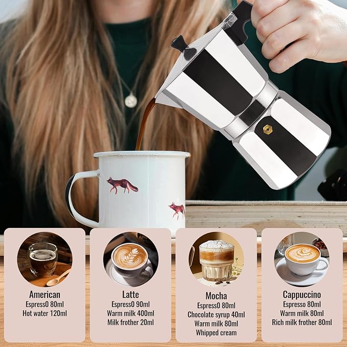 2 Cup Aluminum Moka Pot Classic Stovetop Espresso Coffee Maker 100ml 3.4oz Coffeemaker Percolator Mocha Pot Greca Coffee Maker Cafe Makers for Italian and Cuban Café Brewing Silver