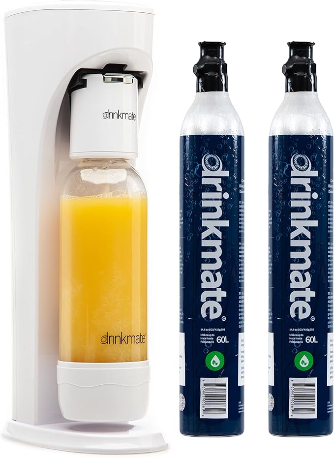 Drinkmate OmniFizz Sparkling Water and Soda Maker, Carbonates Any Drink, Bubble Up Bundle - Includes Two 60L CO2 Cylinders, One Carbonation Bottle, and Fizz Infuser (Classic White)
