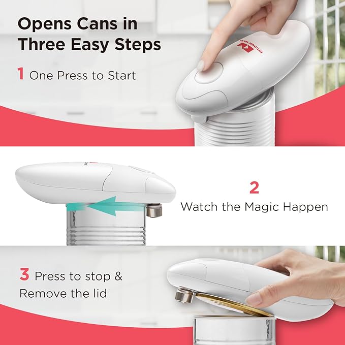 Kitchen Mama Auto Electric Can Opener: Safe, Easy with One Touch, Smooth Edge, Battery Operated, Cordless, Automatic Can Opener for Seniors with Arthritis, Hand Free Appliances, YES YOU CAN (White)