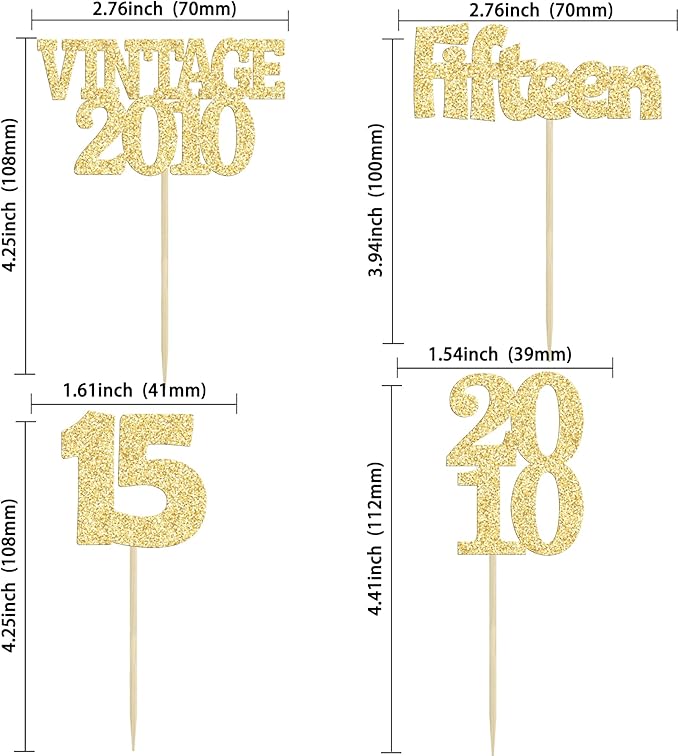 Gyufise 24Pcs Sweet 15 Cupcake Toppers Glitter Fifteen Vintage 2010 15th Birthday Cupcake Picks Hello 15 Years Birthday Cake Decorations for Happy 15th Anniversary Party Supplies Gold