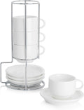 Sweese 2.5 Ounce Porcelain Stackable Espresso Cups with Saucers and Metal Stand Set of 4, White