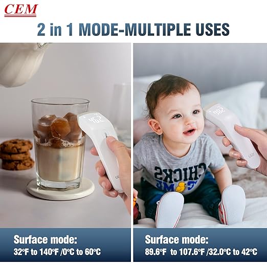 CEM DT-8807S FDA CE Digital Thermometer for Adults and Kids, No Touch Forehead Thermometer for Baby, 2 in 1 Body Surface Mode Infrared Temperature Gun with Fever Alarm and Instant Accuracy Readings