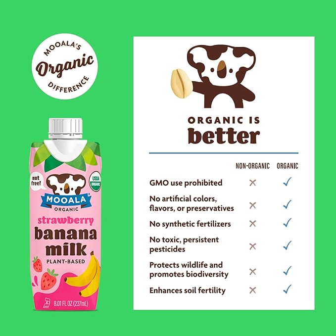 Mooala - Organic Strawberry Bananamilk, Lunchbox Friendly, Shelf-Stable, Non-Dairy, Nut-Free, Plant-Based Beverage, On the Go 12 Pack