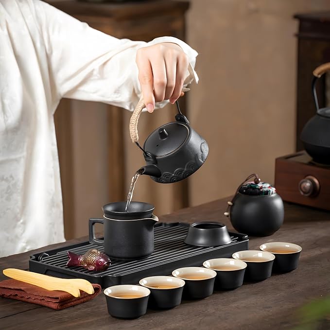ICHAG Japanese Tea Set, Chinese Tea Sets for Adults, 15-Piece Porcelain Gongfu Tea Set with Tea Pet & Tea Tray, Japanese Teapot Set, Travel Tea Party Set, for Home/Office/Outdoor/Gifts
