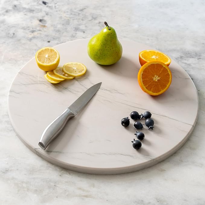 Koville Natural White Marble Cutting Board, 16 Inch Marble Cutting Boards for Kitchen Countertop, Stone Cheese Boards Pastry Boards for Baking, Charcuterie, Trivet, Round Serving Slab for Counter