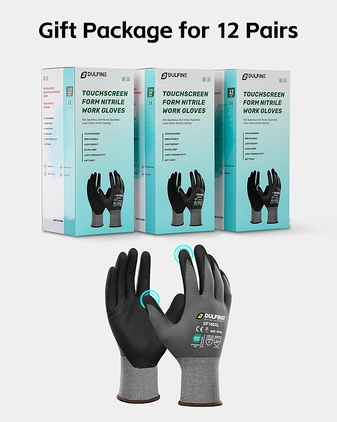 DULFINE Safety Work Gloves MicroFoam Nitrile Coated-12 Pairs Pack,Seamless Knit Nylon Glove with Black Micro-Foam Nitrile Grip,Ideal for General Purpose,Automotive,Home Improvement,Painting(XX-Large)