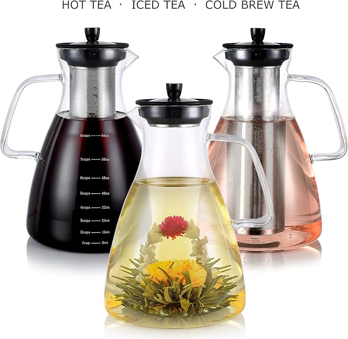 Teabloom Extra-Large Multi-Brew Glass Teapot + Kettle + Pitcher (68 OZ / 2.0 L / 8 CUPS) – For Hot Tea, Iced Tea, Cold Brew Tea and Fruit Infused Water – Volume Markings For Precise Brewing