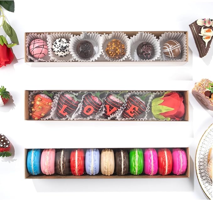 50Pack 12x2¼x2 Inch Chocolate Covered Strawberry Boxes for 6 Macaron boxes Chocolate Truffle Boxes Cookie boxes Bakery Boxes with Window Soap Boxes