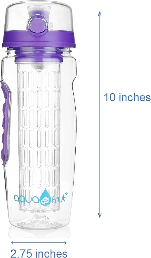 AquaFrut 32 OZ Fruit Infuser Water Bottle BPA-Free Fruit Infusion Sports Bottle - Flip Top Lid w Drinking Spout, Leak Proof, Made of Durable Tritan. Free Recipe eBook! (Purple)