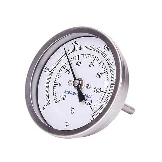 MEASUREMAN Fully Stainless Steel Pot, Kettle, Brewing Bimetal Thermometer, 3" Dial, 2-1/2" Stem, 0-250 deg F/-20-120 deg C, -1% Accuracy, Adjustable, 1/2" NPT Back Mount