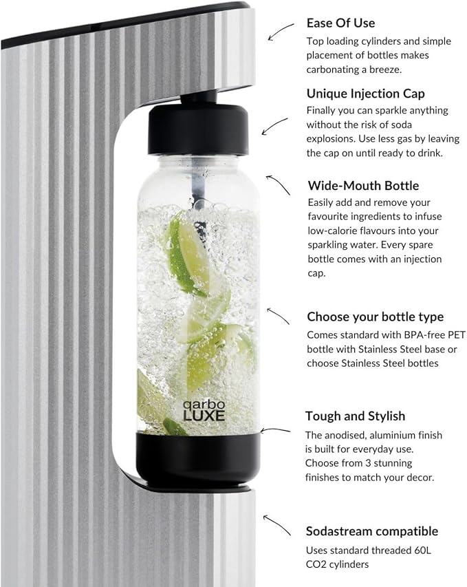 Twenty39 qarbo LUXE Premium Sparkling Water Maker - Anodised Aluminium Carbonator for Home, Carbonates Any Drink (CO2 Cylinder Sold Separately)