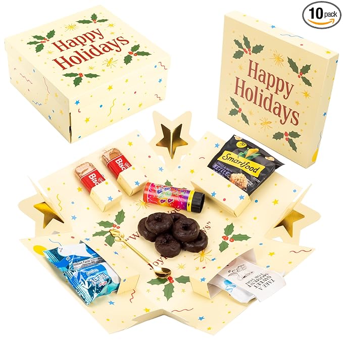 Explosion Gift Box with Treats – Premium Surprise Snack Box with Donuts, Cookies, Chips & More – Blank Design for Any Occasion – Party, Celebration, or Just Because Gift (Happy Holidays)