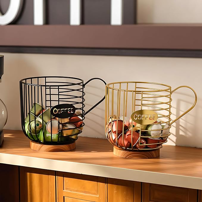 Coffee Pod Holder,Bar Accessories - Espresso Pod Holder - Large Capacity Black Wire Coffee Basket With Wooden Base