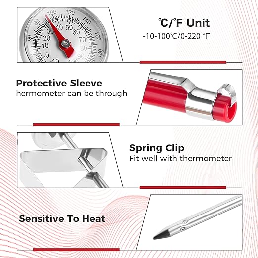 6 Pack Immediate Read Pocket Thermometer, 1 Inch Stainless Steel Dial Food Thermometer with 6 PCS Red Plastic Sleeves of Thermometers and 6 PCS Clips for Coffee Drinks Chocolate Milk Foam