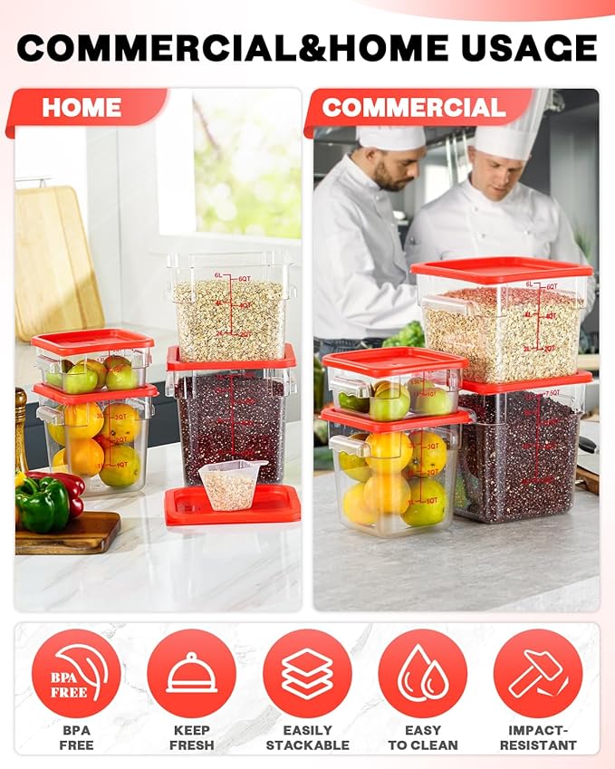 4QT NSF Food Storage Containers with Lids: 4 PCS [Total Food Grade][Hot&Cold Resistant] Commercial Clear Food Storage Containers for Restaurant Kitchen Proof Dough, Measuring Spoons Included(Red)