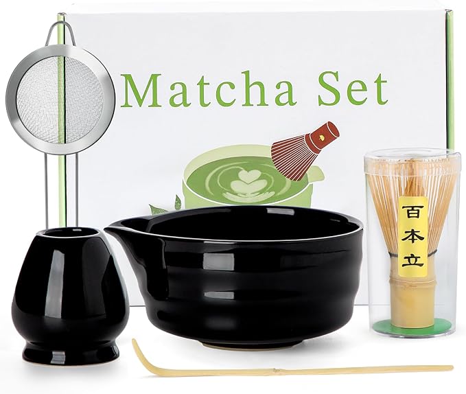 Matcha Whisk Set - 5PCS Matcha Set Includes 17OZ Chawan with Spout, Bamboo Chasen Whisk with Ceramic Holder, Wooden Scoop and Stainless Sifter, Matcha Kit for Ceremony, Gift for Matcha Lovers
