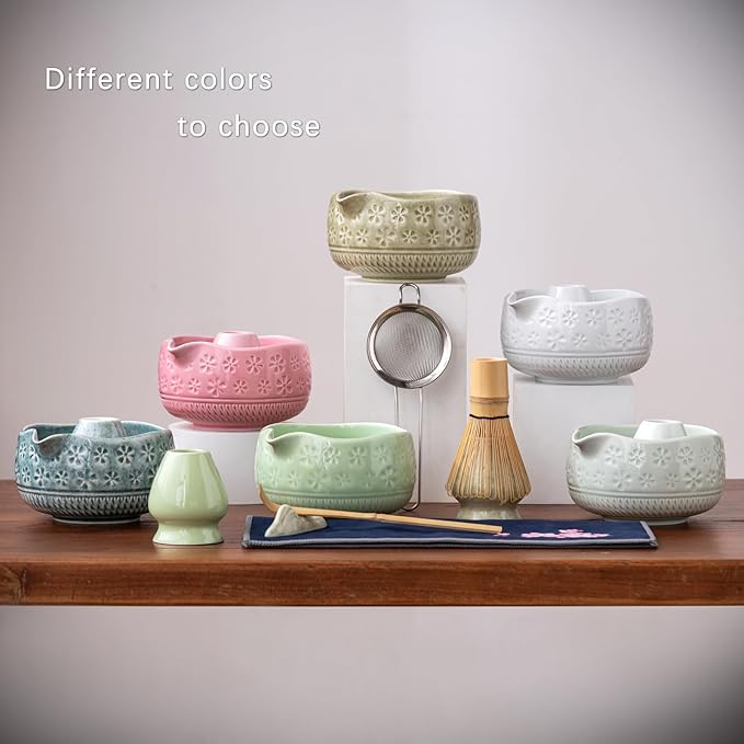Matcha Whisk Set, Ceramic Matcha Set Includes Matcha Bowl, Matcha Whisk and Holder, Bamboo Scoop, Scoop Rest, Sifter and Tea Towel - 7 Pcs Matcha Kit for Matcha Lovers (Pink)