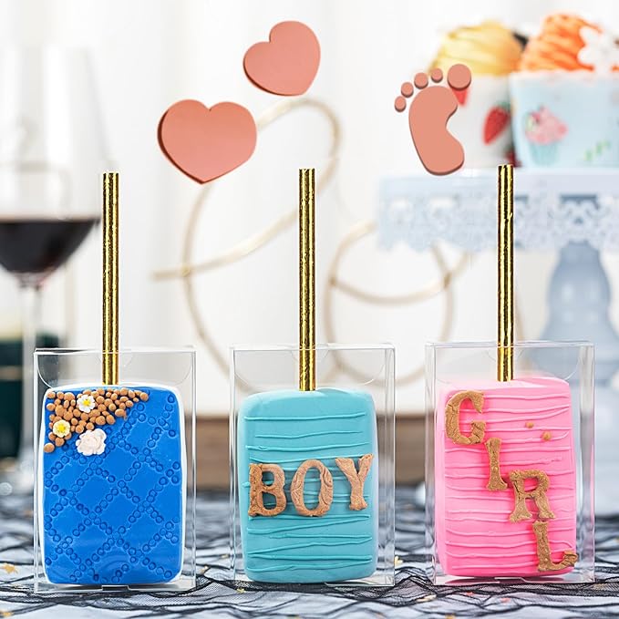 RomanticBaking 37 PCS 3.5"x 2.4"x 1.38"Clear Rice Krispie Treat Boxes with Hole for Cakesickle, Small Macaron, Candy,& Treat Boxes Party Favors