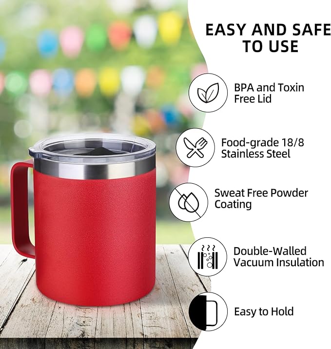 Volhoply 14oz Insulated Stainless Steel Coffee Mug with Lid Bulk 8 Pack,Double Wall Vacuum Travel Coffee Cup with Handle,Reusable Cups Tumbler Cup, Camping Mugs Keep Hot,Ideal Gifts(Assorted,8)