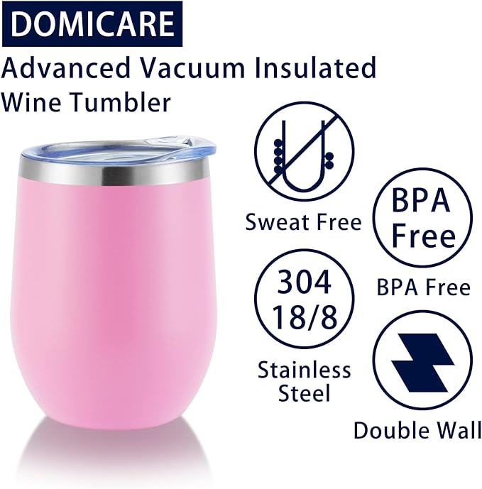 DOMICARE Stainless Steel Wine Tumbler Bulk with Lid, Personalized Insulated Tumblers Set, 12oz Travel Coffee Cups Pack of 4, Pink