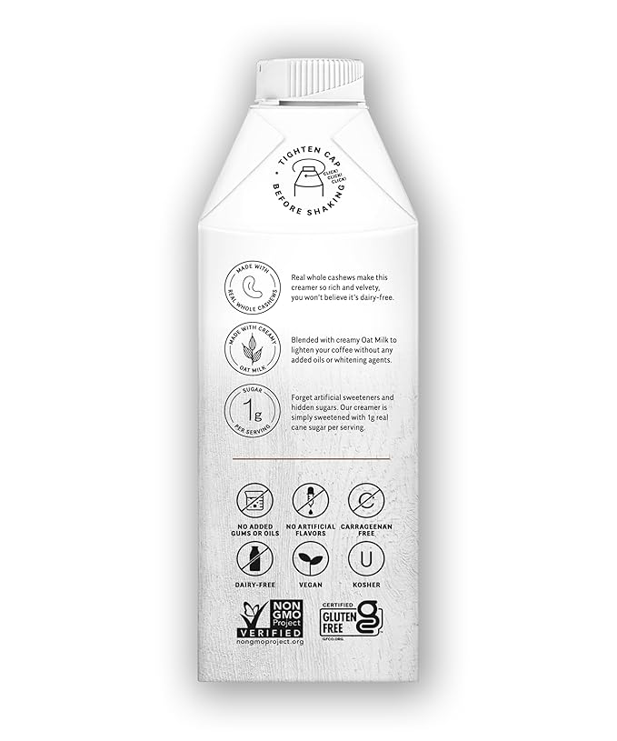 Elmhurst 1925 Cinnamon Churro Cashew Creamer - Dairy-Free, Vegan, Kosher, Low Sugar, Shelf Stable Creamer Made with Cashew & Oat Milk for Healthier Coffee, Latte and Smoothies - 25.4 Ounce (Pack of 6)