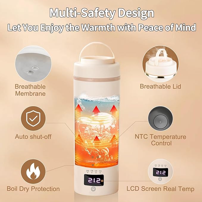 Travel Mini Kettle Portable Electric Kettle with Plug-in Boiling & Keeps Warm via USB, Small Water Boiler with 4 Temperature Settings, 304 Stainless Steel with Auto Shut-off 16oz(Beige)