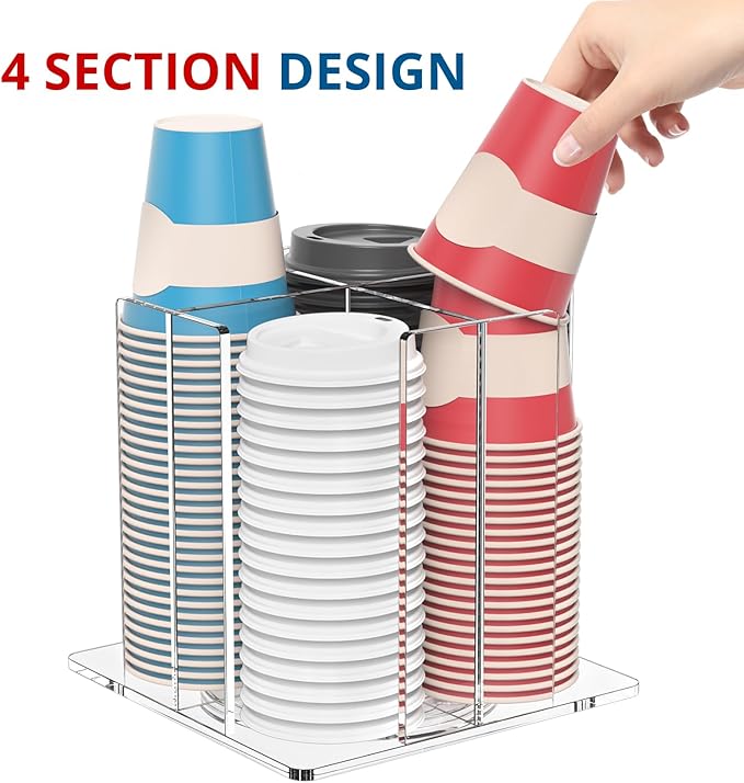 Cup and Lid Holder, 4 Compartment, Square | Rotating Coffee Cup Dispenser Lid Carousel for Restaurant, Buffet, Coffee Station, Bar, Countertop, Clear Acrylic