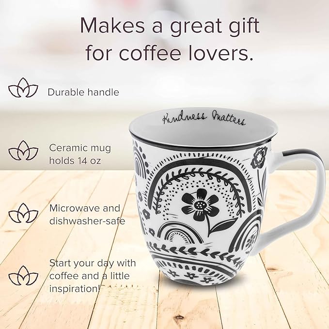 Karma Gifts 16 oz Black and White Boho Mug Rainbow - Cute Coffee and Tea Mug - Ceramic Coffee Mugs for Women and Men, 4.25" x 3.7"