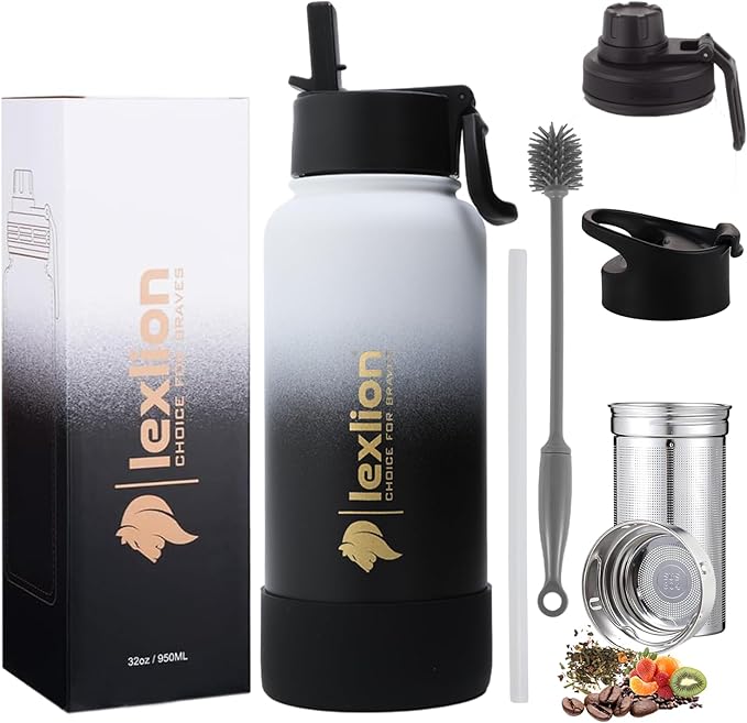 Lexlion 32 Oz Triple Walled Insulated Stainless Steel Fruit Infuser Water Bottle, Leakproof, 3 Lids, Infuser, Silicone Sleeve