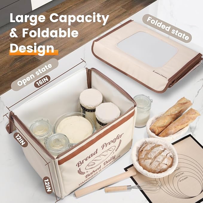 Folding Bread Proofing Box with 50-113℉ Temp Control & 48H Timer, Dough Proofer with Metal Rack, Humidor, Recipes, Ideal for Sourdough, Bread Baking, Pizza, Yogurt, Kombucha, Precise Control
