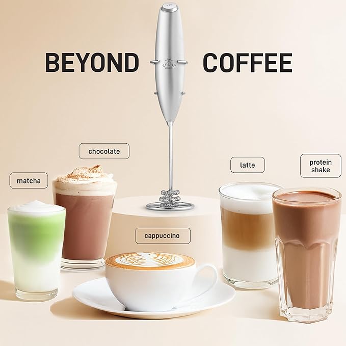 Zulay Kitchen Tornado Whisk Milk Frother with 4 AA Duracell Batteries - Triple Whisk for More Power - Handheld Coffee Frother with Stand - Drink Mixer for Lattes, Matcha & Protein Shakes