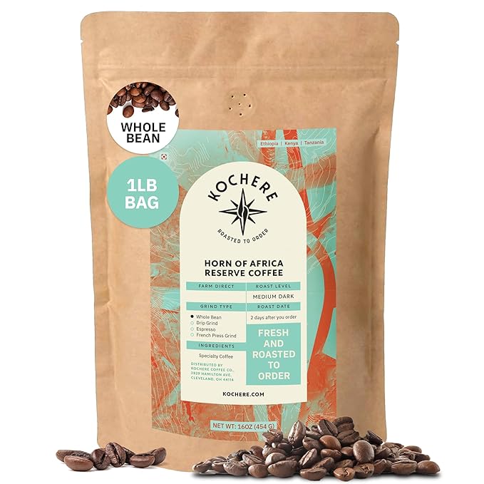 Kochere Horn of Africa Signature Blend Whole Bean Coffee – 1LB – Single Origin Components, Freshly Roasted to Order – Artisanal Medium Roast – Bold, Complex, and Fruity Notes – Organic, Farm Direct Specialty Coffee