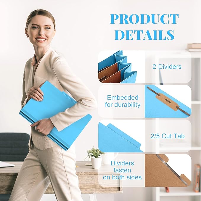 24 Pcs Classification Folders Letter Size Bulk - 2 Dividers Pressboard File Folder with 3. 5 Inch Expansion, 2 Prongs Fastener, Heavy Duty Office File Organizer for Teacher Medical (Blue)