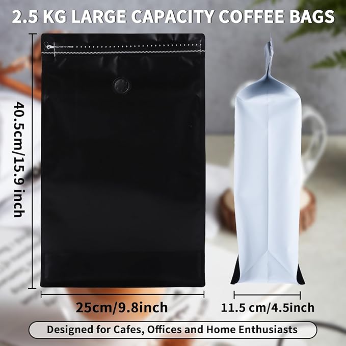 New 2.5 KG Large Capacity Coffee Bags with Valve (50 PCS) Black Sides White High Barrier Aluminum Foil Flat Bottom Standing Coffee Beans Storage Packaging Bags, Reusable Heat Seal Side Zipper Pouches