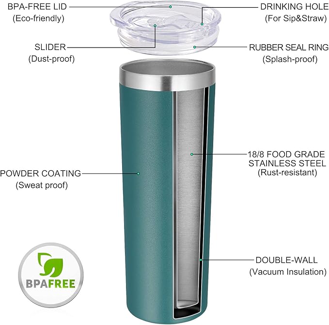 VEGOND Stainless Steel Skinny Tumbler, 20 oz Vacuum Insulated Tumbler with Lid and Straw, Double Wall Coffee Cup, Travel Mug for Cold Hot Drinks, Dark Green 1 Pack