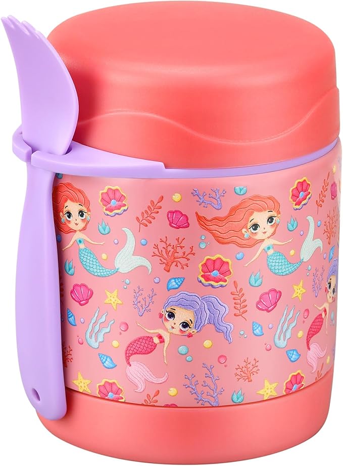 10oz Soup Thermo for Hot Food Kids,Lunch Thermo Kids Food Jar with Spoon Hot Insulated Food Containers,Leak Proof Stainless Steel Wide Mouth Lunch Food Thermo Jar for School(Pink-Mermaid)