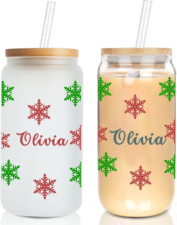 Personalised Christmas Cup, 18oz Clear Glass Cups with Lids and Straws，Cute Cups for Women，Snowflake Design, Reusable Drinking Cup with Bamboo Lids, Christmas Gifts for Men, Women and Friends