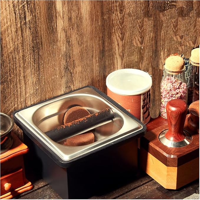 Coffee Knock Box, Stainless Steel Coffee Espresso Knock Box Coffee Grounds Bin with Noise Reduction Rubber Ring, Barista Espresso Machine Accessories
