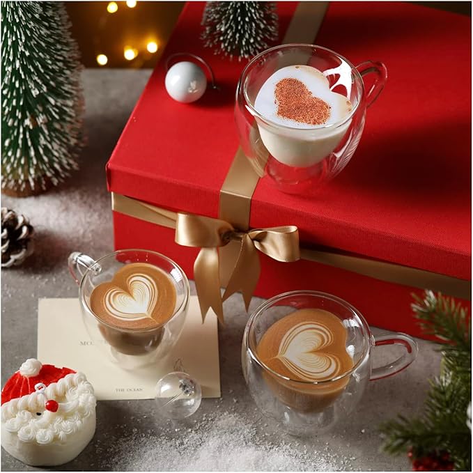 CNGLASS Mothers Day Gifts for Mom,Double Wall Heart Shaped Glass Coffee Mugs 8.5oz,Insulated Clear Tea Cups with Handle,Unique Glass Espresso Mugs for Coffee,Cappuccino,Latte,Milk,Set of 2