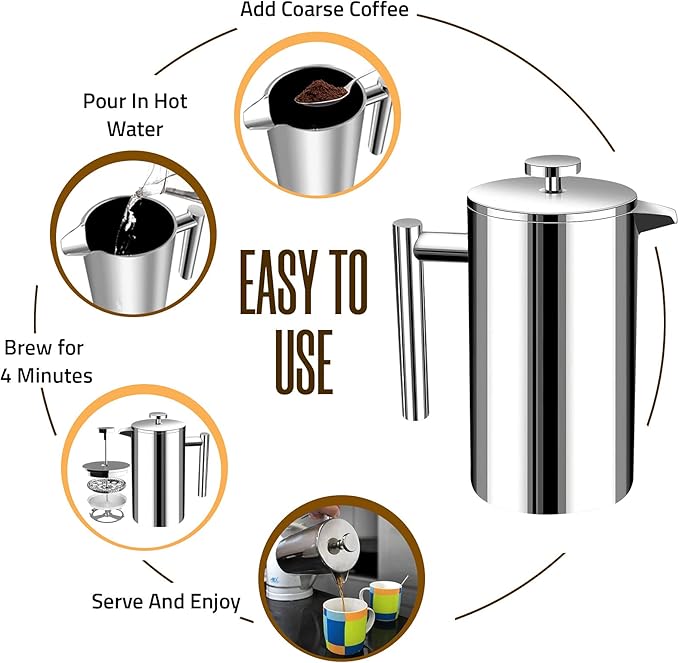 Utopia Kitchen Stainless Steel French Press Coffee Maker 34 Oz (1 Litre) with 2 Extra Filters, French Press Coffee & Tea Maker for Kitchen & Camping, Cold Brew Cafetiere, Silver