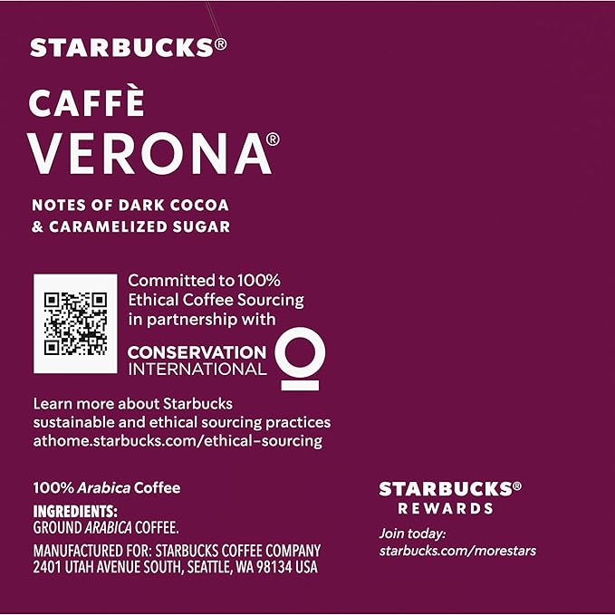Starbucks Coffee K-Cup Pods, Caffè Verona, Dark Roast Coffee with Notes of Dark Cocoa & Caramelized Sugar, Keurig Genuine K-Cup Pods, 10 CT K-Cups/Box (Pack of 3 Boxes)
