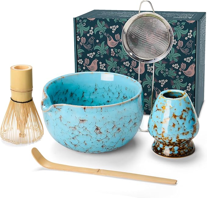 MONOJOY Matcha Whisk Set Ceramic Bowl with Spout Includes Chasen and Holder, Bamboo Scoop, Sifter Kit, Ceremonial Matcha Tea Cute Making Tool Gift Perfect for Matcha Latte Lovers | Beginners, 5pcs