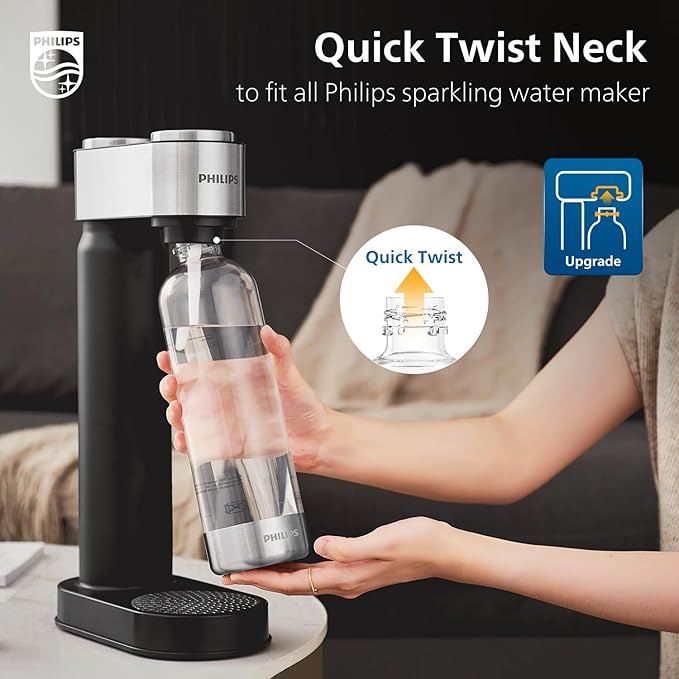 PHILIPS Carbonating Bottles ADD910BKOQ/37, 1L Twin Pack Reusable PET Water Bottles Compatible Sparkling Water Maker, 2 Pack for ADD4902BKOQ/37, ADD4902WHOQ/37 and ADD4901GROQ/37, ADD4901BKOQ/37