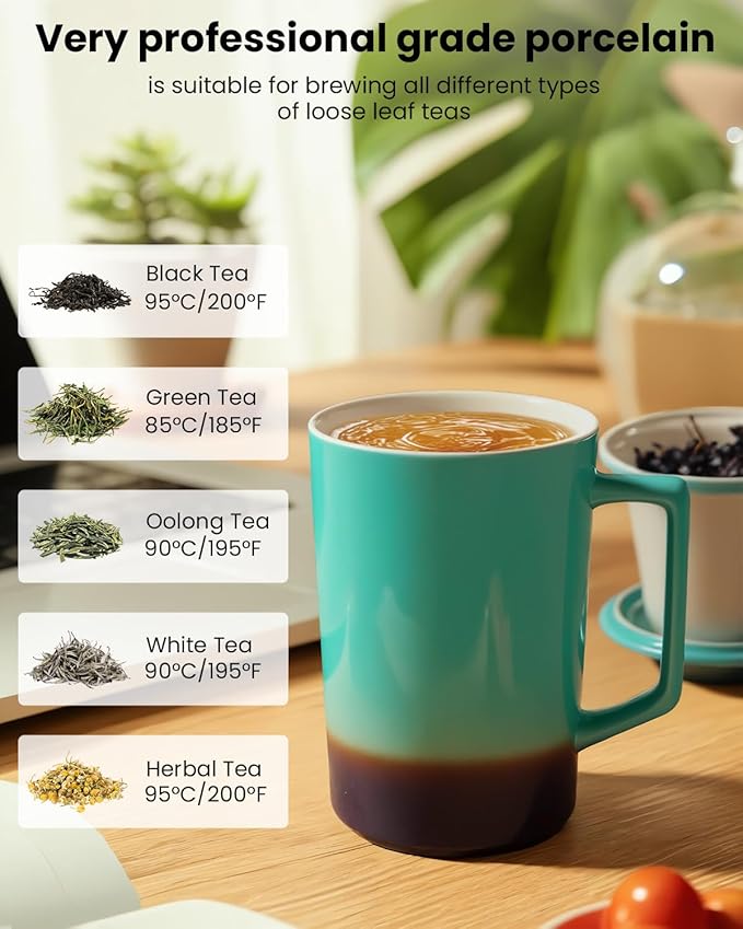 15 OZ Porcelain Tea Infuser Cup with Lid,Ceramic Tea Mug with All-Porcelain Strainers for Loose Leaf Teas,Microwave and Dishwasher Safe Coffee Mug,Metal-Free,BPA-Free,Gifts for Tea-Lover (Green)