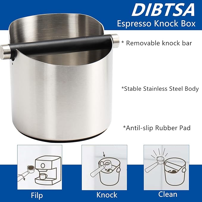 Coffee Knock Box, Espresso Knock Box Stainless Steel Espresso Machine Accessories with Removable Knock Bar and Non-Slip Base Coffee Grounds Container Bin, Large (Silver)