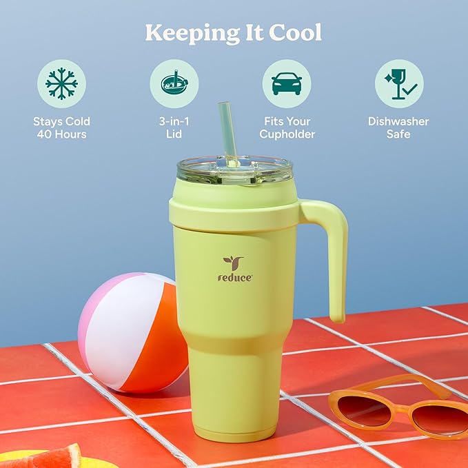 Reduce 40 oz Stainless Steel Tumbler with Handle - Dual-Wall Vacuum Insulated Travel Mug, Sweat-Proof Lid & Reusable Straw - Keeps Drinks Cold for 24 Hrs, Fits Cupholders, Dishwasher Safe -Pina Colada