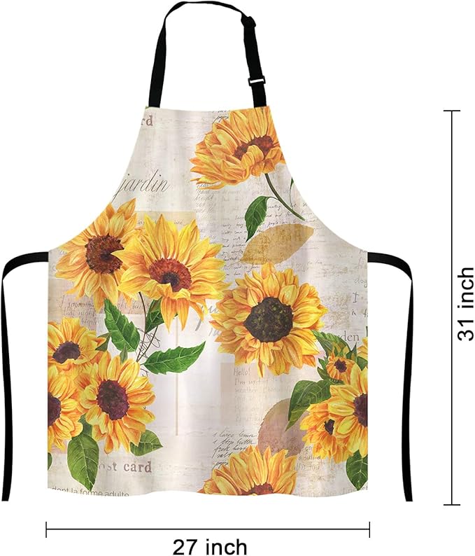 Watercolor Sunflowers Adjustable Bib Apron,Vintage Style Floral Print Cooking Kitchen Apron for Men Women